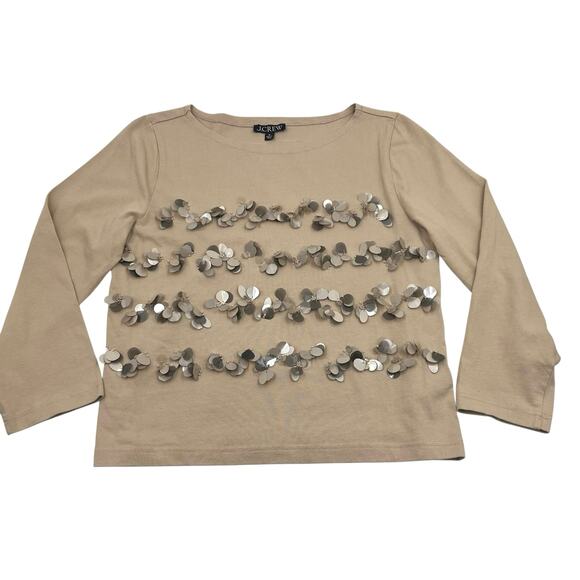 J. Crew Womens Tan Floral Sequin Bead Mariner Jersey Long Sleeve Shirt Sz M - Picture 1 of 10